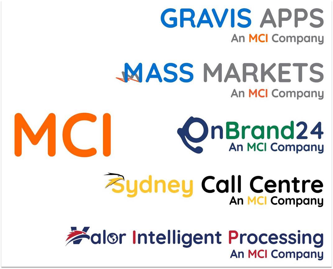 Logos of Assets/Companies owned by MCI: Gravis Apps, Mass Markets, The Sydney Call Centre, OnBrand24, and Valor Intelligent Processing. 
