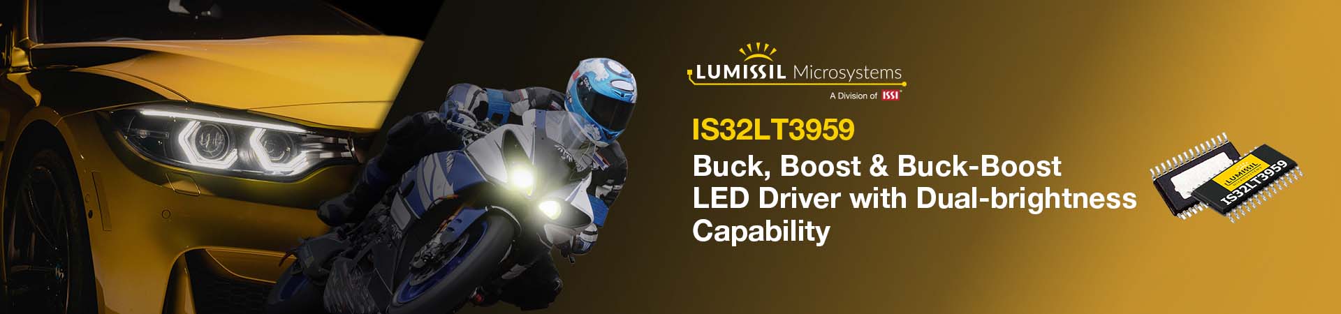 The IS32LT3959 is a single inductor, multi-topology controller with constant on-time for driving a ground referenced high-voltage LED string. This single channel switching LED driver integrates a PWM engine with external control to achieve dual brightness capability for Rear Combination Lamp (RCL), Daytime Running Lamp (DRL) and headlights.