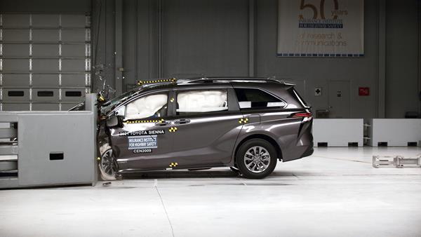 The 2021 Toyota Sienna, a TOP SAFETY PICK+, in the driver-side small overlap crash test. 