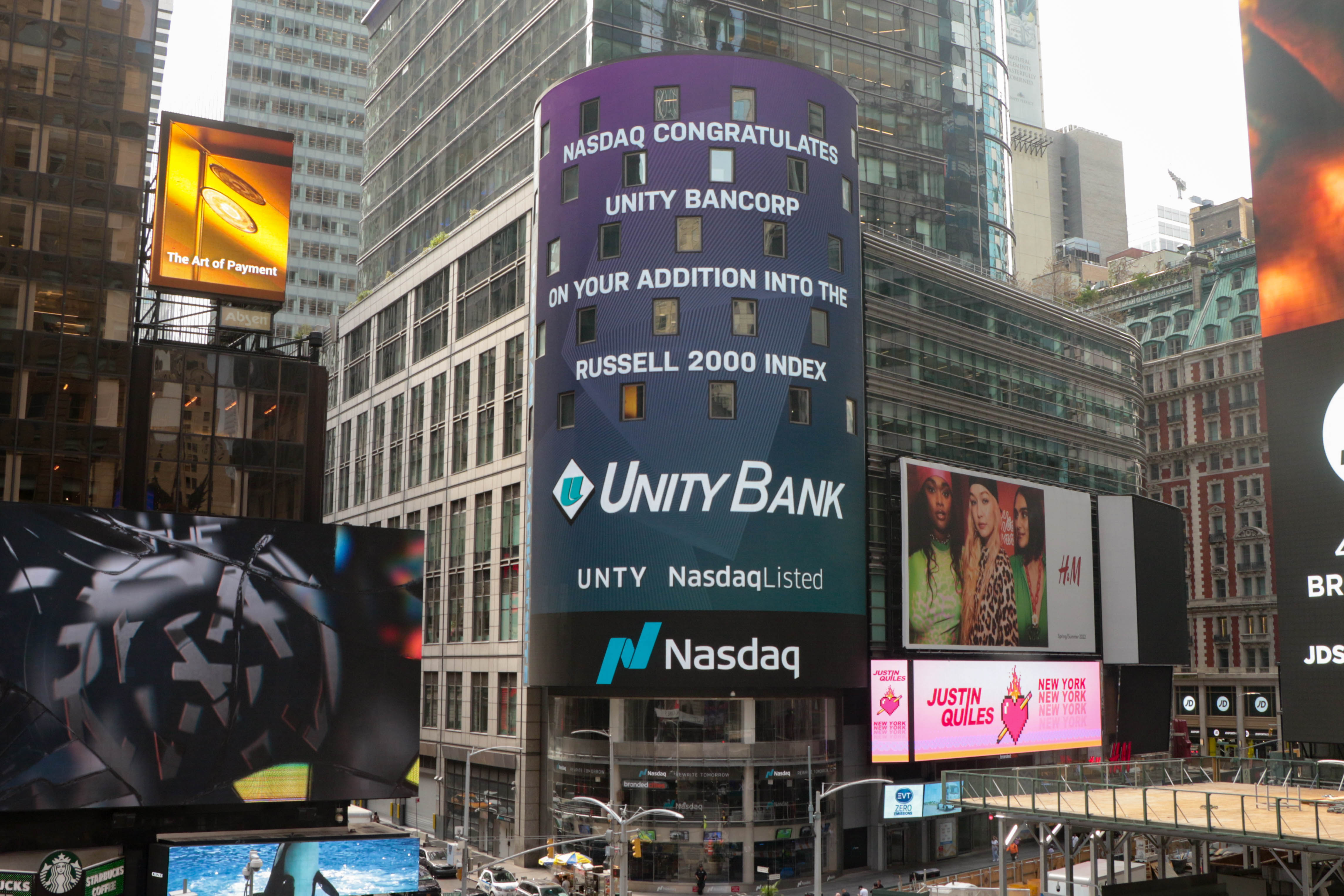 Unity Bancorp, Inc., parent company of Unity Bank, was recently added as a member of the U.S. small-cap Russell 2000® Index as noted on a Times Square message board in New York City.(Photography courtesy of Nasdaq, Inc.)