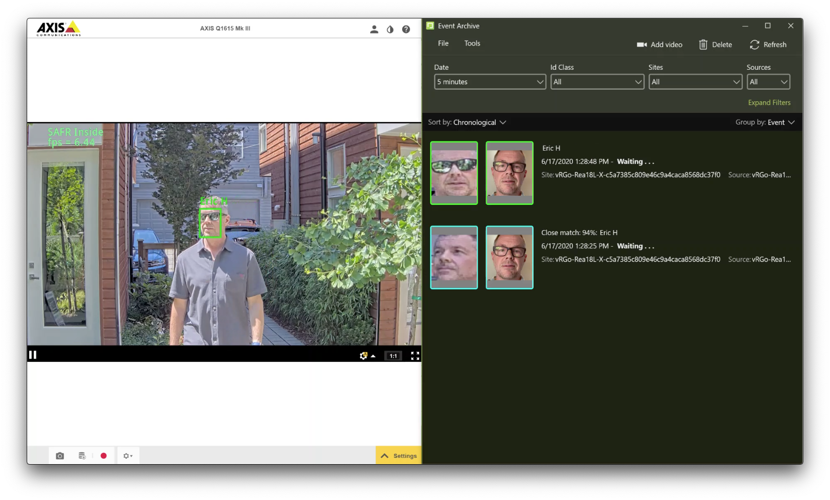 SAFR Inside running on the AXIS Q1615 Mk III Network Camera, performing face detection in-camera and biometric matching in the SAFR Cloud platform. Face recognition results and associated event meta data is displayed in real time in the SAFR web console, and desktop client (pictured), applications.