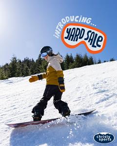 Image shows a man snowboarding on the mountain with a graphic of ski goggles and the name of the new marketplace, yard sale.