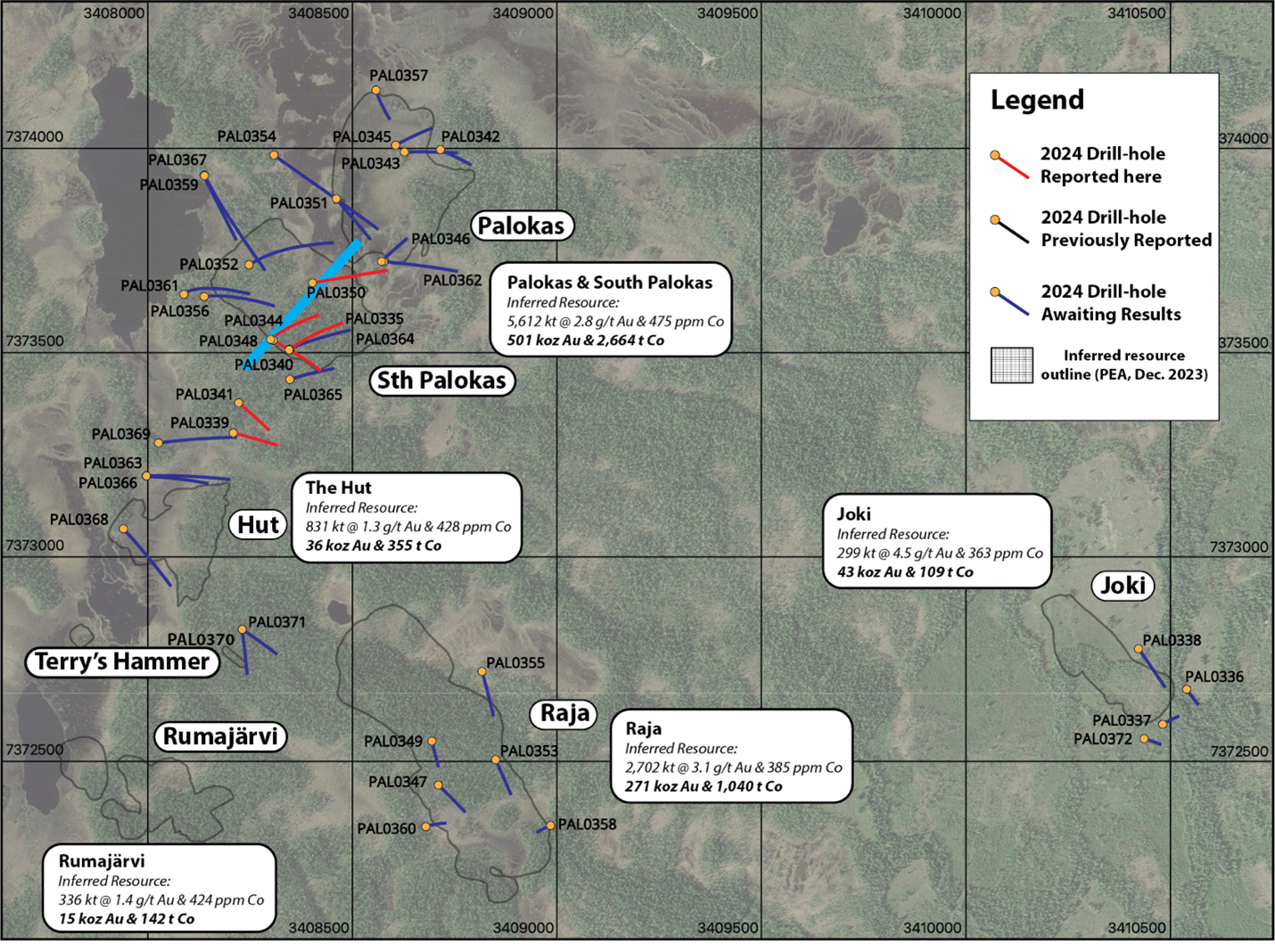 Locality map illustrating collar positions and drill-hole traces from Mawson’s 2024 winter drilling campaign. Drillholes coloured red are those reported in this new release, while holes coloured black have been reported in previous releases, and blue coloured holes are awaiting results and publication. Dashed blue line represents the section line on which long sections in Figure 2 hereinbelow are oriented.