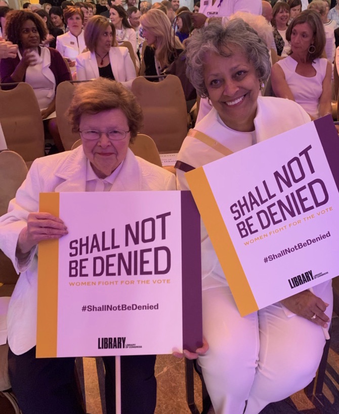 Women’s Suffrage Centennial Commission Chairwoman Kay Coles James, President of The Heritage Foundation and Vice Chairwoman Senator Barbara Mikulski (Ret.) attend the exhibition opening Shall Not Be Denied: Women Fight for the Vote at the Library of Congress.