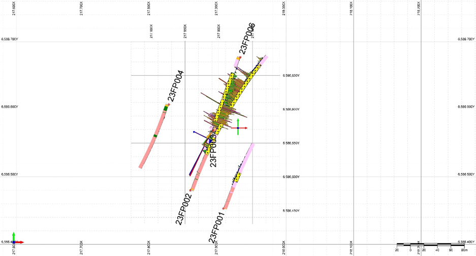 Fazenda do Posto Drill holes -Plan View Showing location of Drill Holes 23FP001, 23FP002, 23FP003, 23FP004 and 23FP006.