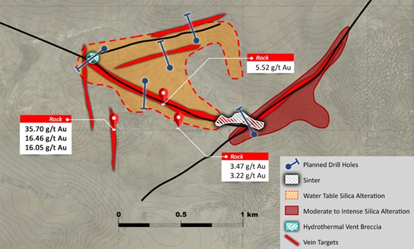 Figure 2 - Principal vein targets at the Spring Peak Project relative to key geologic features and select historic rock sampling highlights