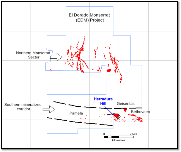 Map showing the location of the main targets of the EDM project