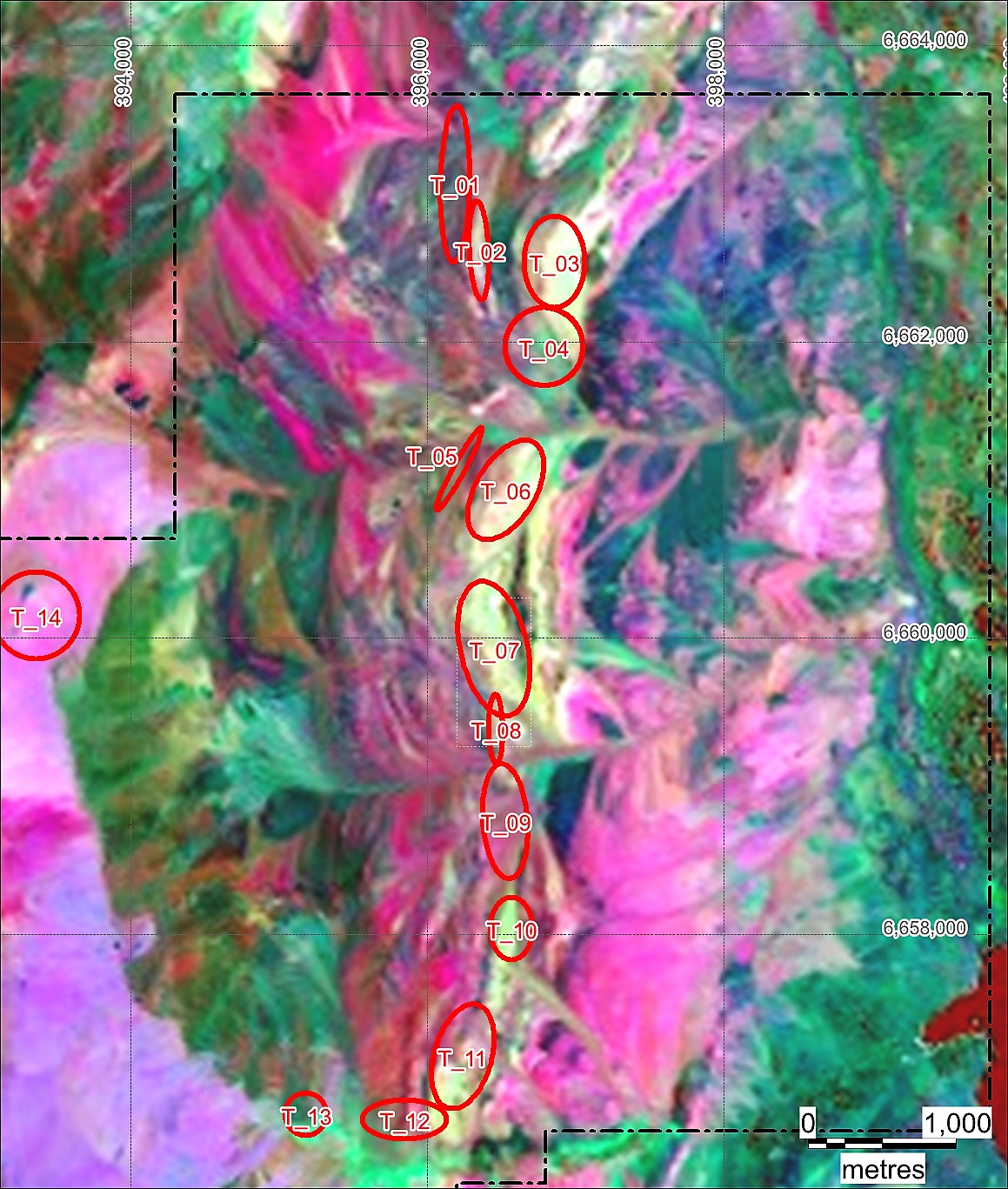 Figure 1: The Salvadora project showing high priority targets on alteration enhanced Landsat-8 image. Zones of strong hydrothermal alteration are observed as pale yellow to white colours.