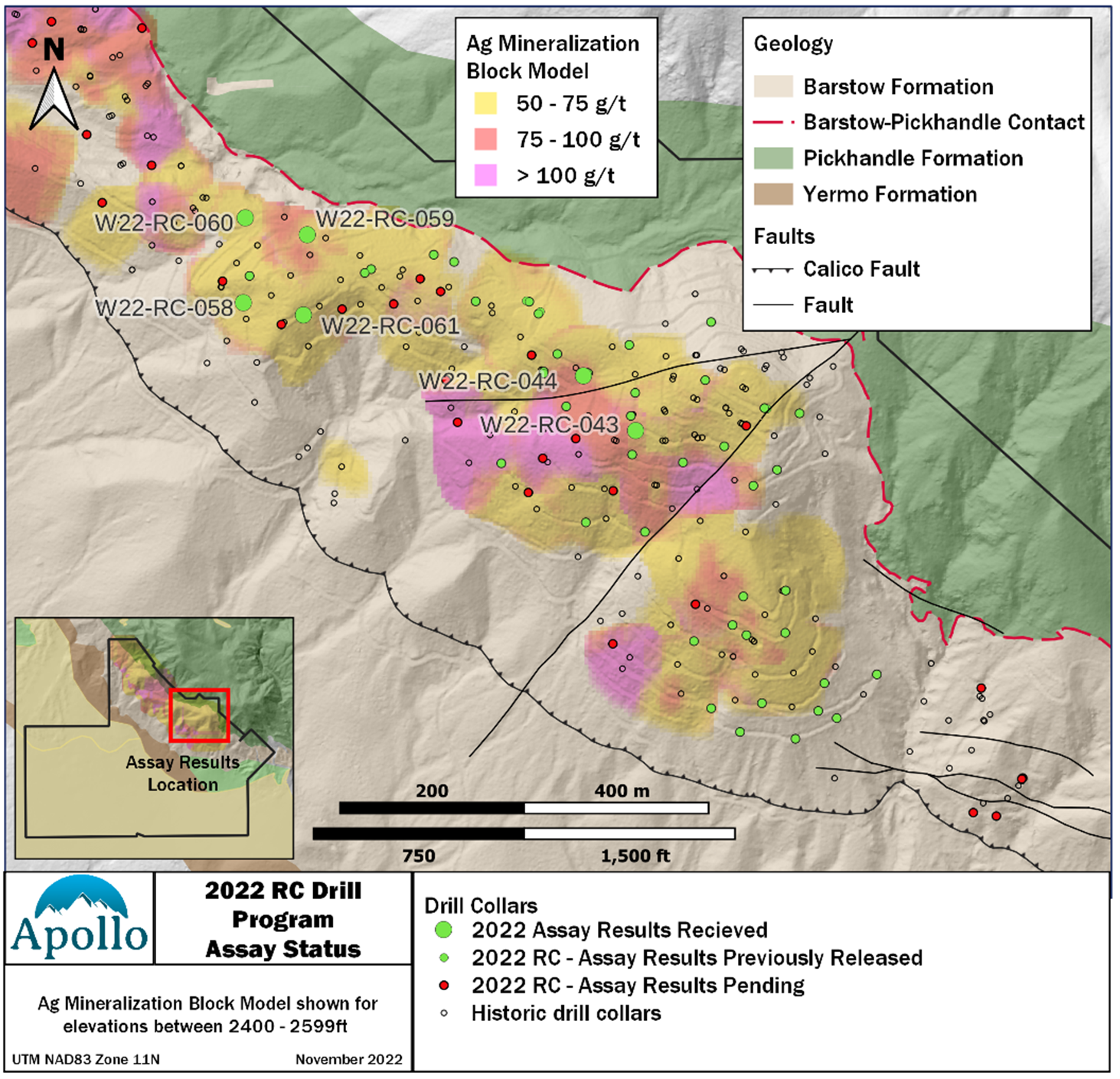 Locations of drill hole collars for results reported December 1, 2022, for Phase 2 of the Calico Project 2022 Drill Program.