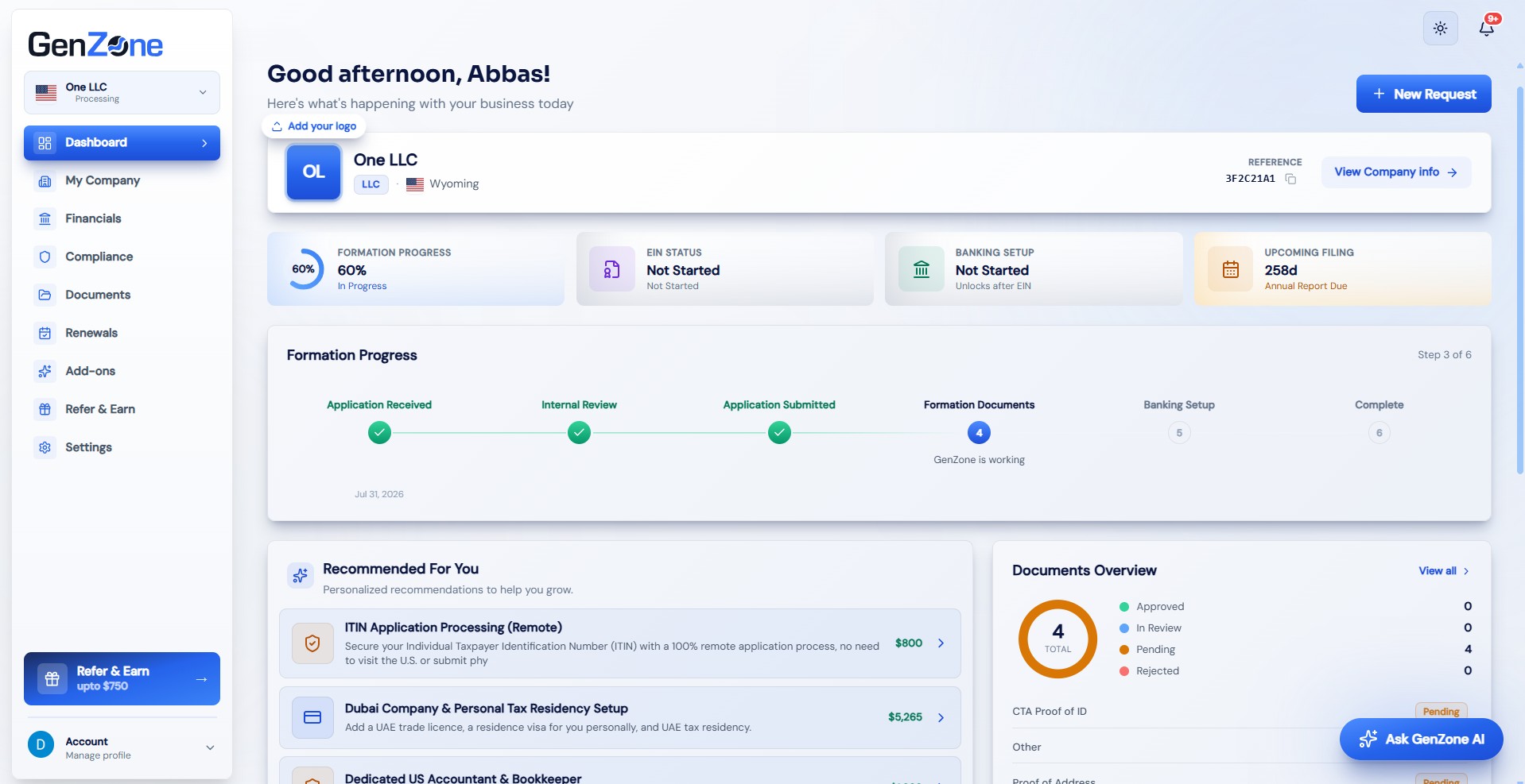 The US LLC company setup dashboard on GenZone.