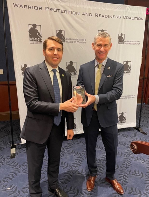 U.S. Representative Chris Pappas (NH-01) accepts the 2023 Sentinel Award presented by WPRC Executive Director David Costello