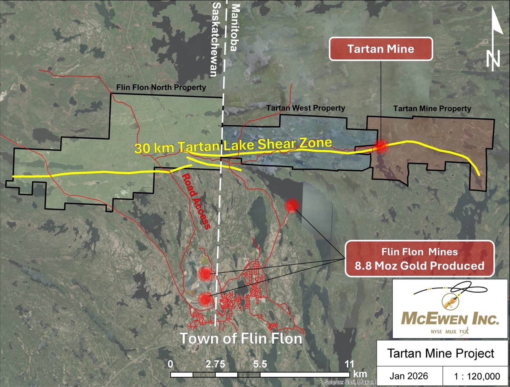 Figure 1: Tartan Mine Location Relative to Flin Flon and Tartan Shear Location on McEwen Mineral Claims (Manitoba and Saskatchewan).