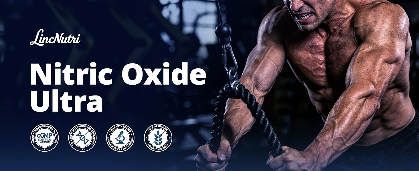 LincNutri Nitric Oxide Ultra supplement with cGMP certification, featuring L-Citrulline and L-Arginine for circulation and stamina support.
