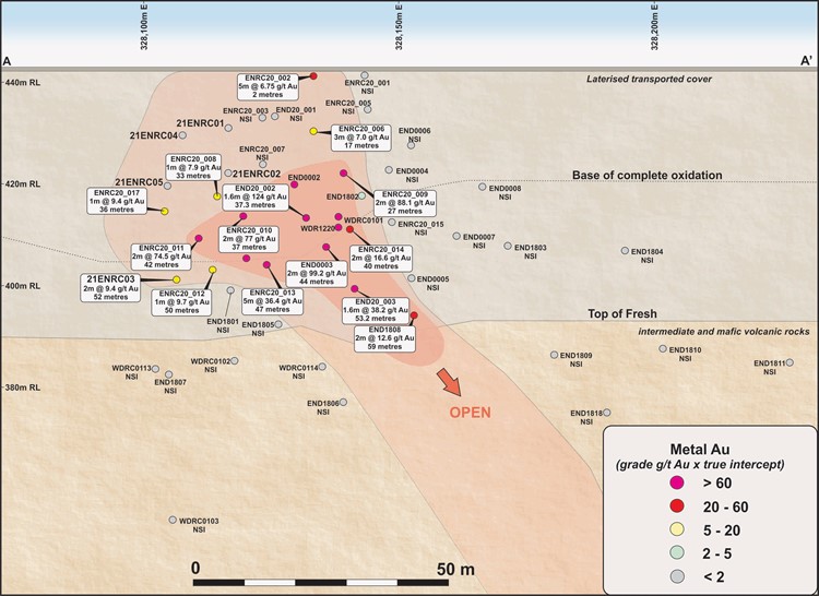 Long section of the Endeavour mineralised system showing 21ENRC-03