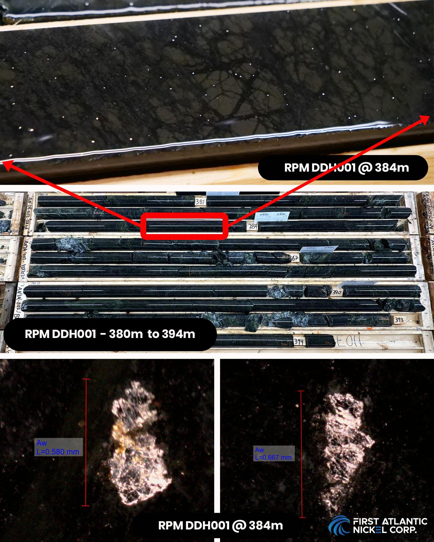 Image showing discovery hole RPM DDH001 (24-AN-02) showcasing with disseminated sulfur-free nickel-iron alloy (awaruite). Top image: showing close-up of drill core at 384 meters, displaying with coarse grained disseminated awaruite; Middle image: showing core boxes from 380 meters to 394 meters, (end of hole); Bottom images: showing microscope photographs of individual large awaruite large grains of awaruite, measuring 580 microns to 667 microns, at 384 meters.