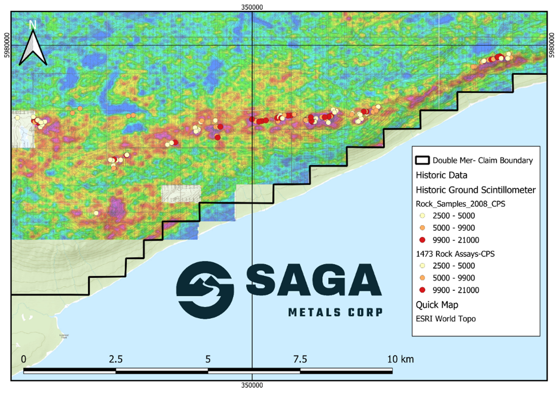 Radiometric survey highlighting uranium trend, supported by historical rock samples confirming a 14+km length