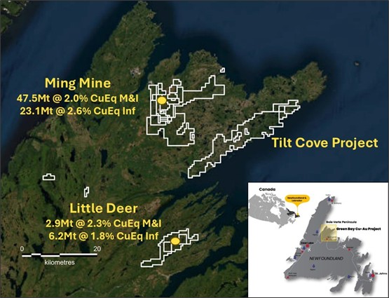 (Left) Location of the Green Bay copper-gold project in Newfoundland, Canada; (Right) FireFly’s mineral claims and simplified geology of the Baire Verte mineral district.