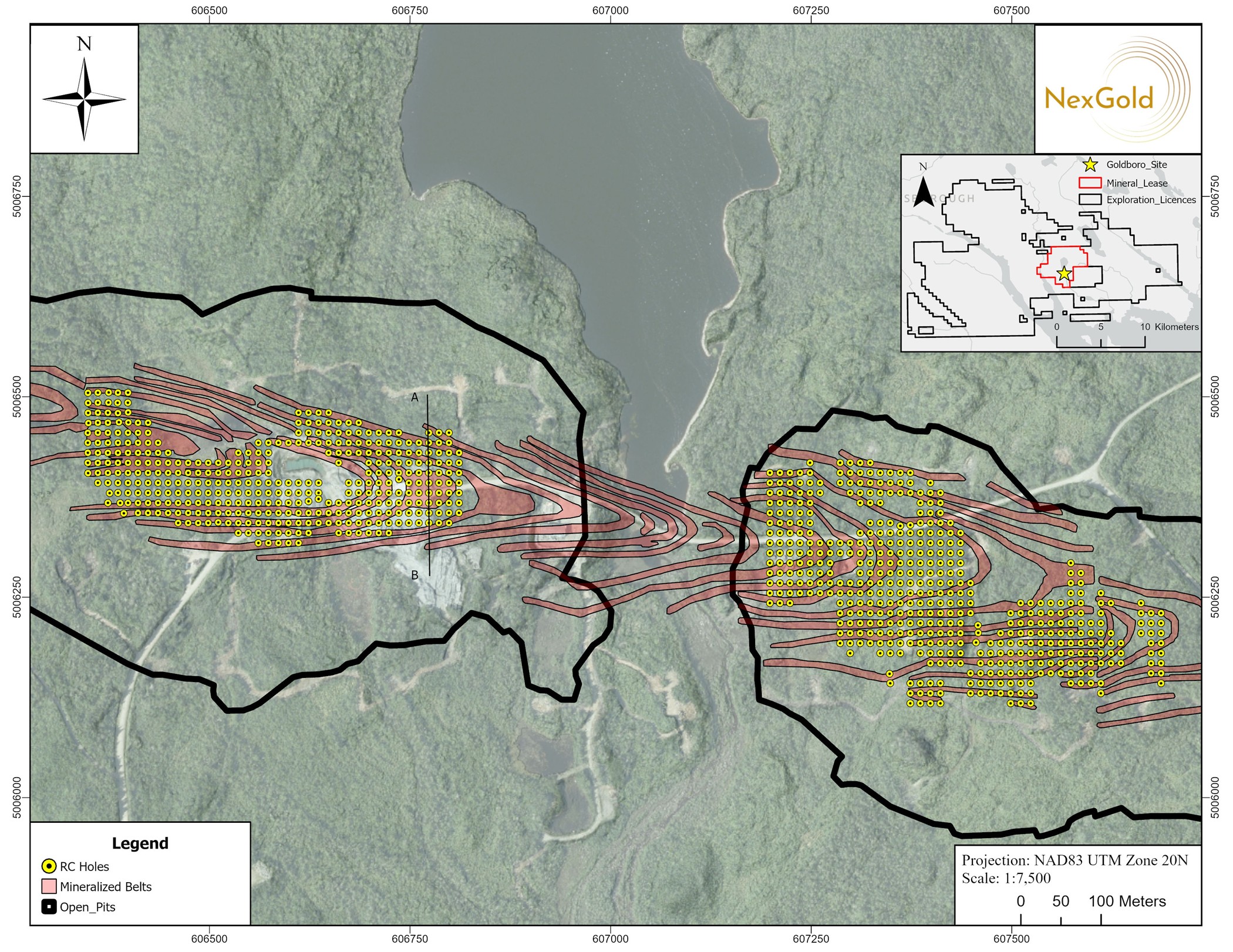 Map showing the Goldboro Project location and the current drill program relative to planned early-years of mining