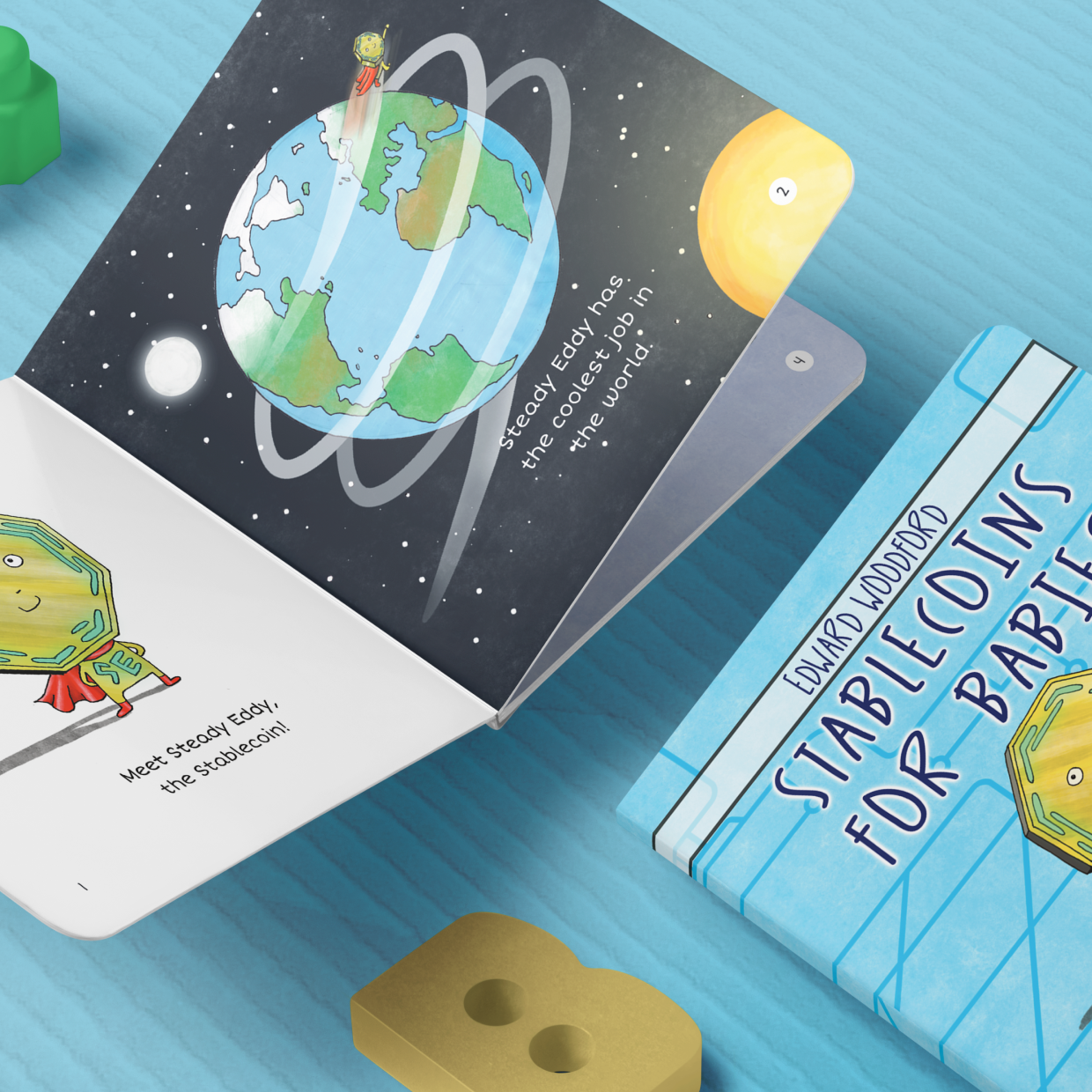 Illustrated book cover of "Stablecoins for Babies," a children's guide to understanding stablecoins, digital payments, and beginner financial literacy