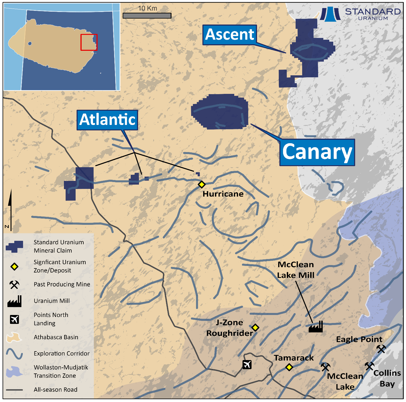 Overview of Standard Uraniums northeastern Athabasca Basin projects, highlighting the Canary Project.