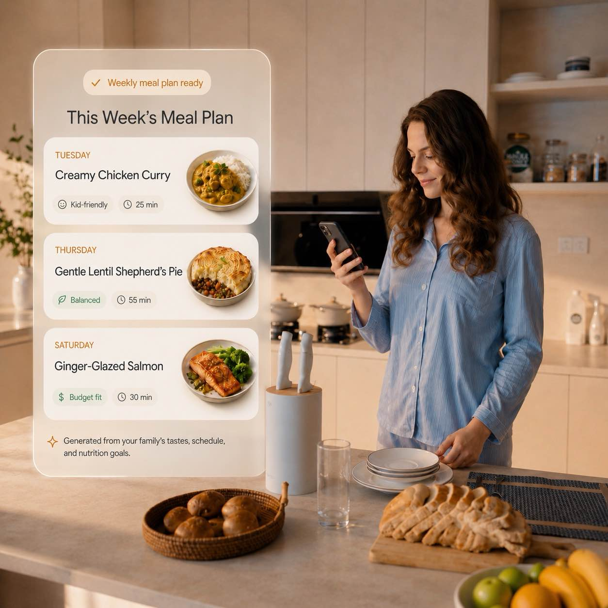 Weekly meal plan generated by SuperNori based on family tastes and nutrition goals