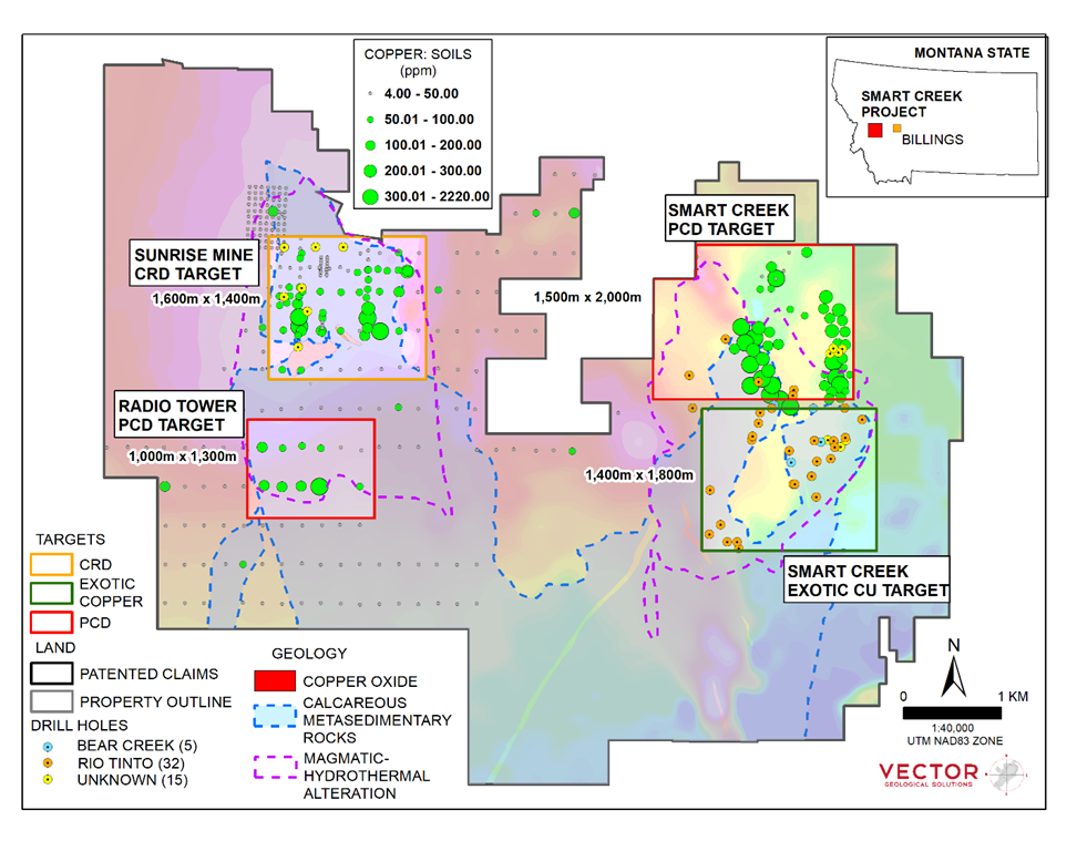 Smart Creek and Sunrise project situated 1 hour drive southeast of Missoula, in the well-endowed west-central part of Montana.  The Smart Creek area is situated within a major gold-copper metallotect.