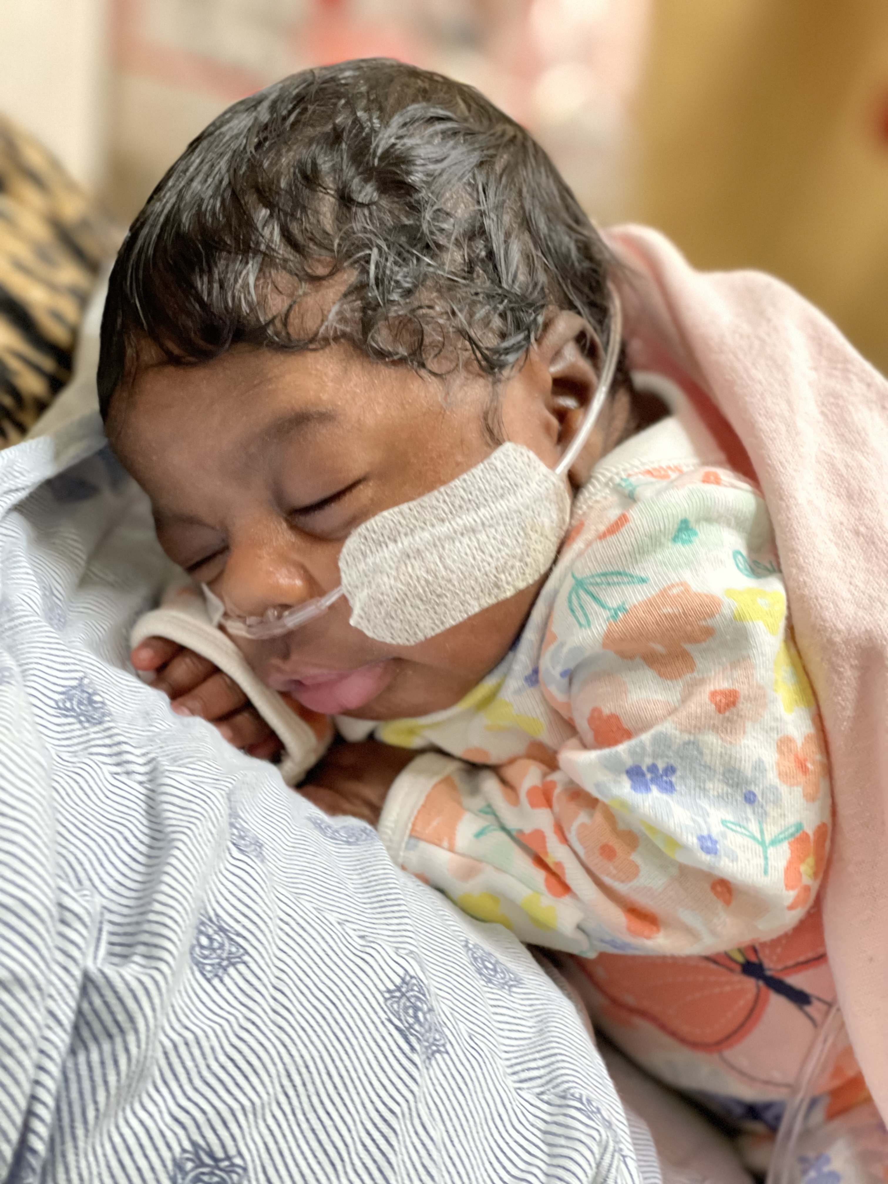 Newborn infant sleeps in neonatal intensive care unit.