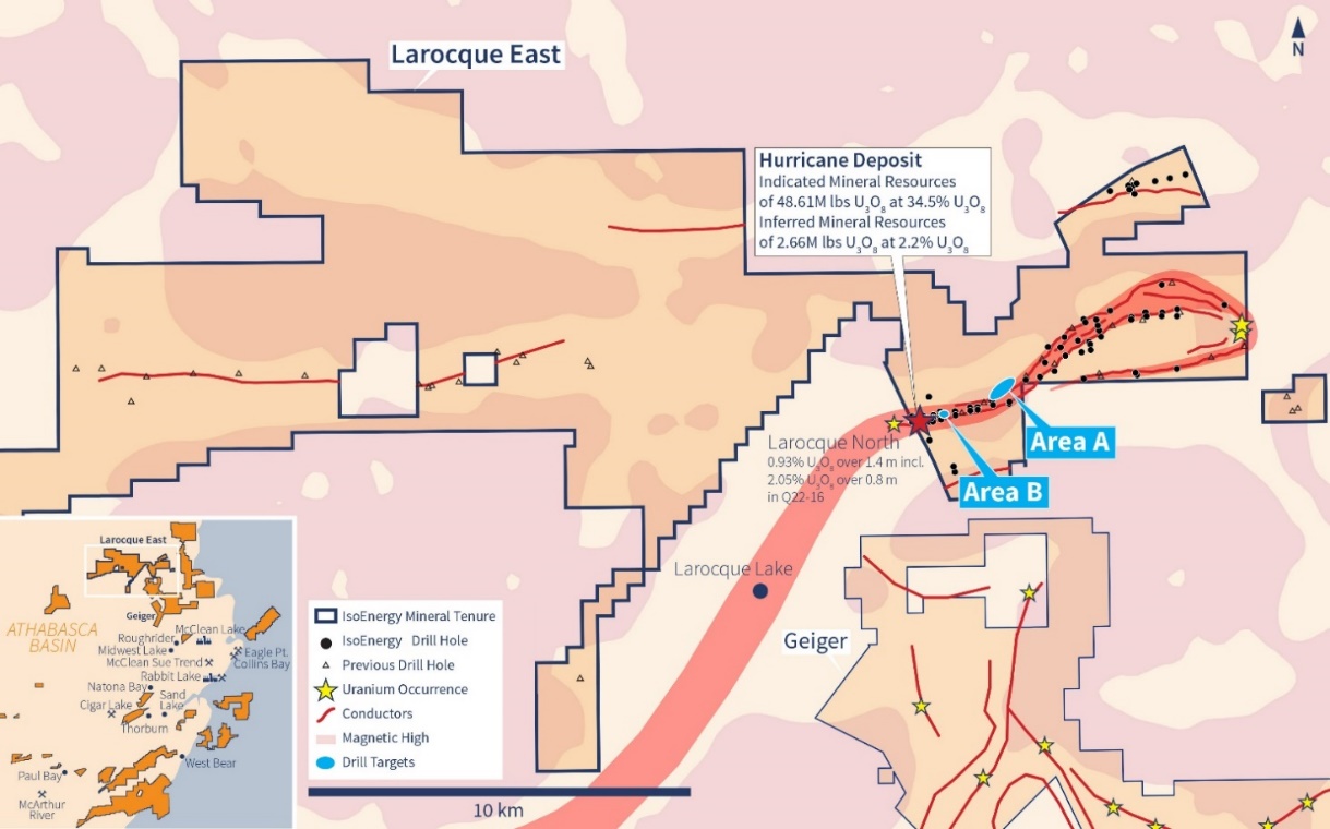 Figure 1 – Larocque East exploration target areas and the eastern extension of the prospective conductor corridor