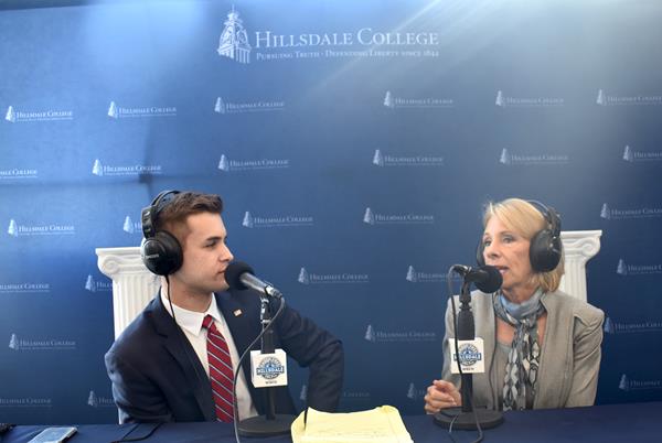 Hillsdale College student and WRFH Ben Dietderich interviewing U.S. Secretary of Education Betsy DeVos at CPAC 2020
