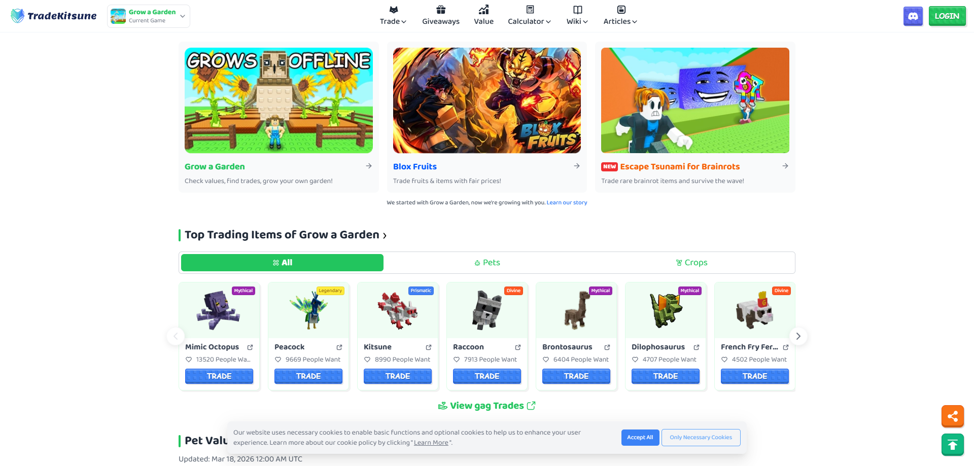 TradeKitsune platform interface showcasing trading tools and value calculator