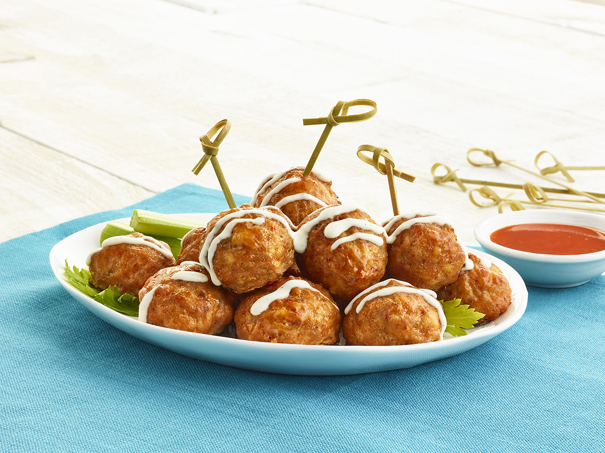 Bell & Evans Buffalo Seasoned Chicken Meatballs, prepared