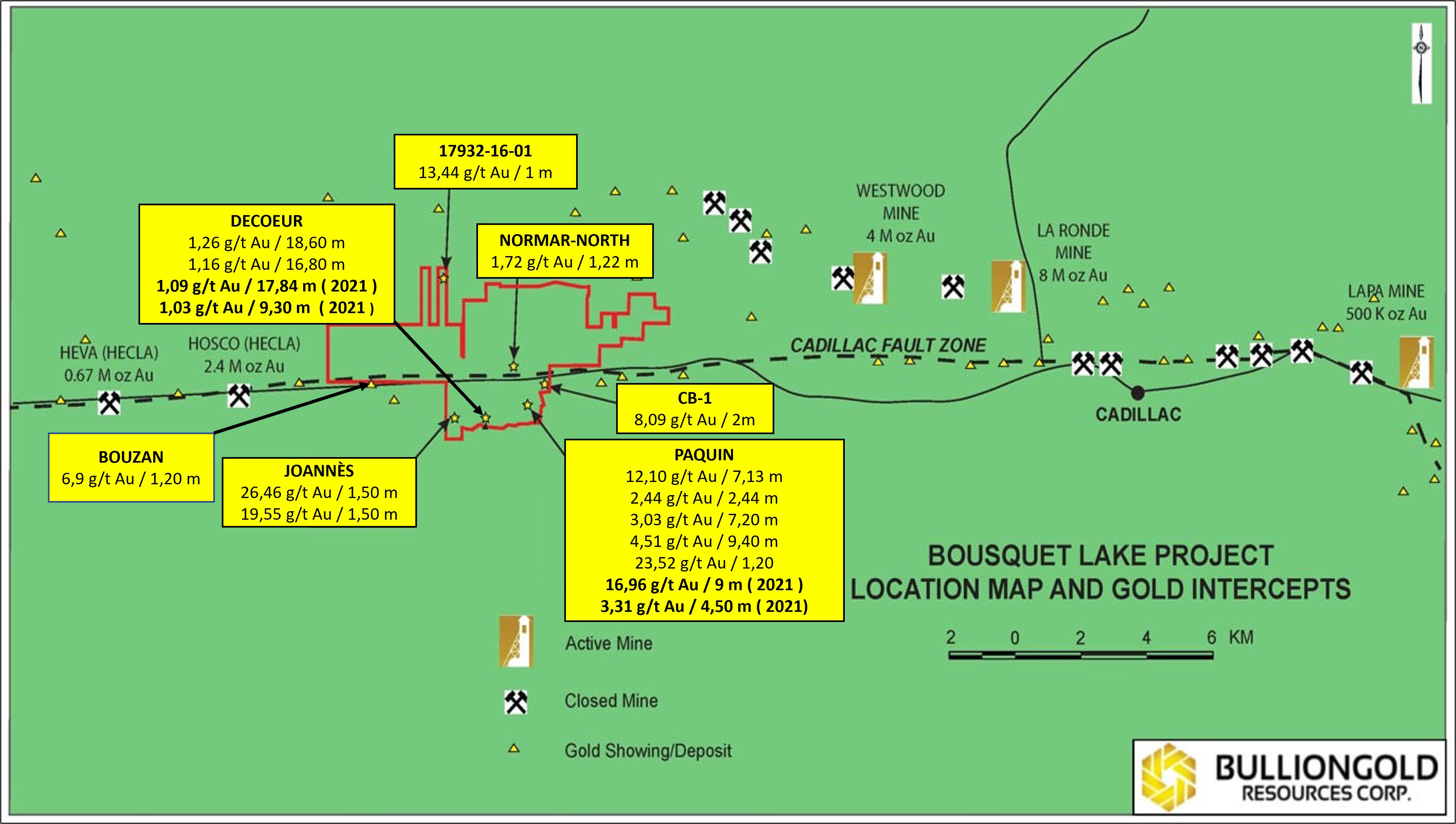 Carte compilation showings-forages Bousquet