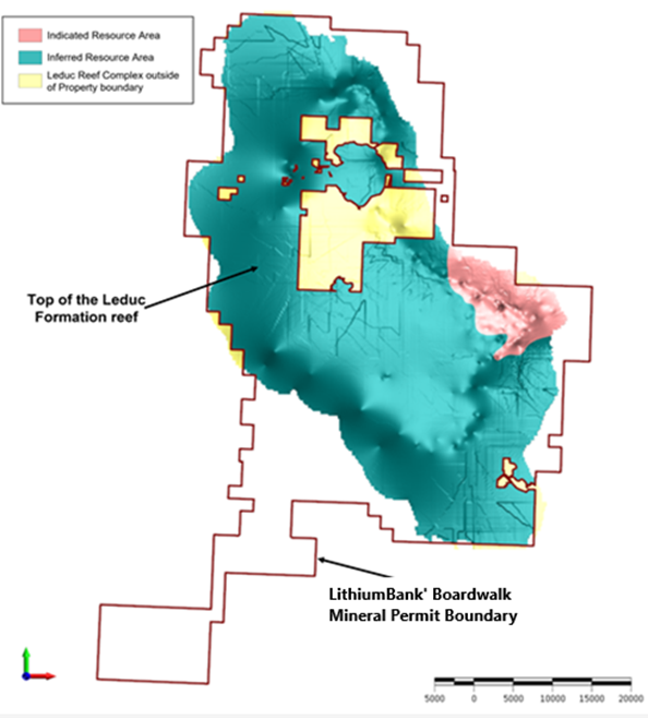 3D Polygon of the Sturgeon Lake Leduc Reef Complex at the Boardwalk Lithium Brine Project. Indicated resources are highlighted in pink and Inferred resources are in green.