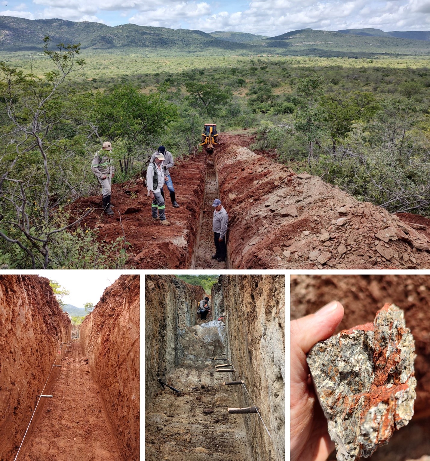 Figure 2: Photographs of trench TR22TR01 at Tróia target (top picture, looking east), with trench wall sampling intervals (bottom center and bottom left pictures) and a sample of chromitite-rich ultramafic rock submitted for PGE assay (bottom right p