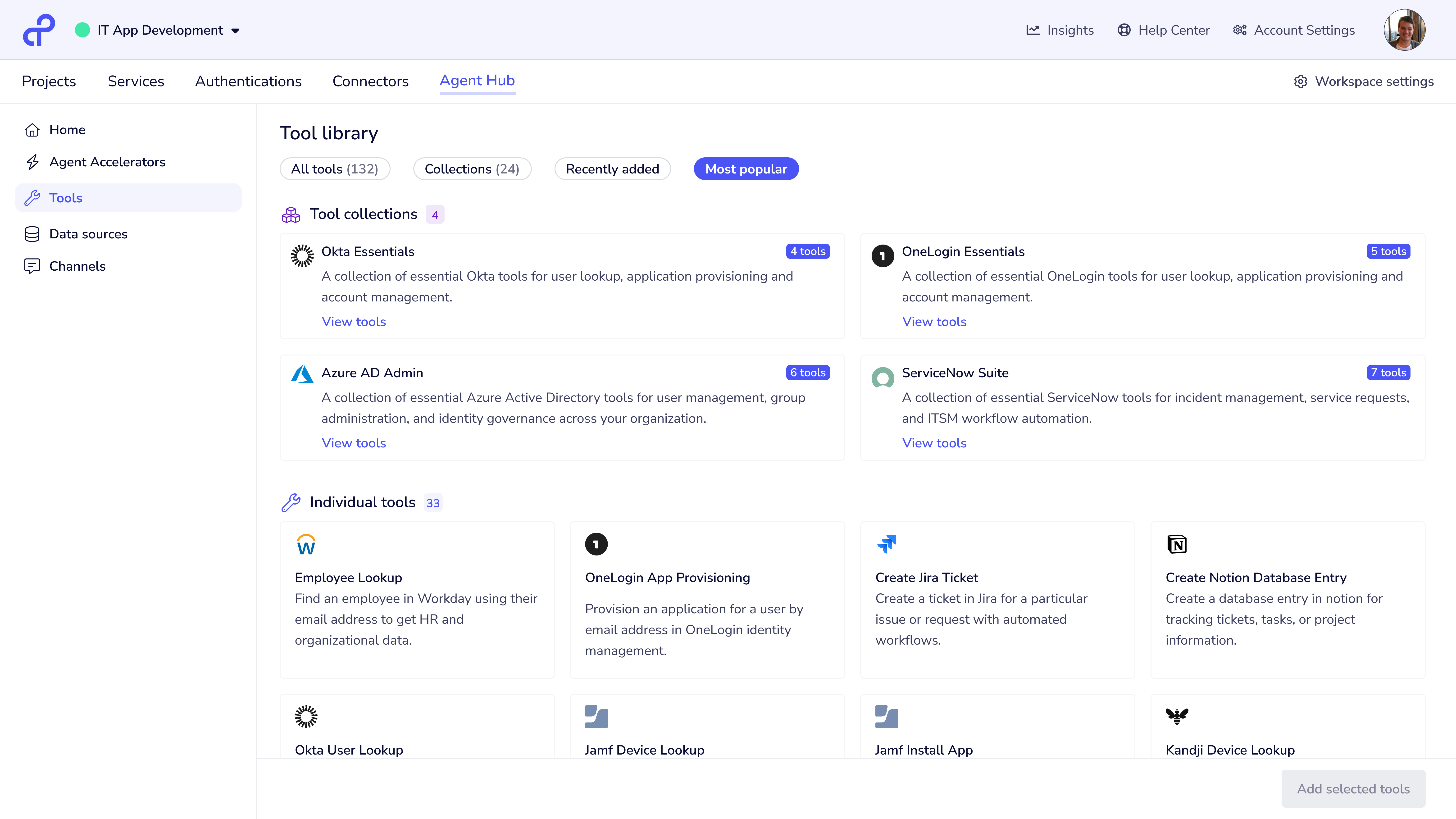 Tray.ai Agent Hub “Tool library” screen showing curated collections (Okta, OneLogin, ServiceNow) and individual tools for building AI agents.
