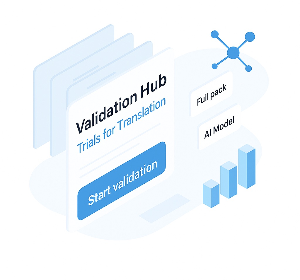 TrialS Validation Hub interface illustration showing translation and AI validation workflow