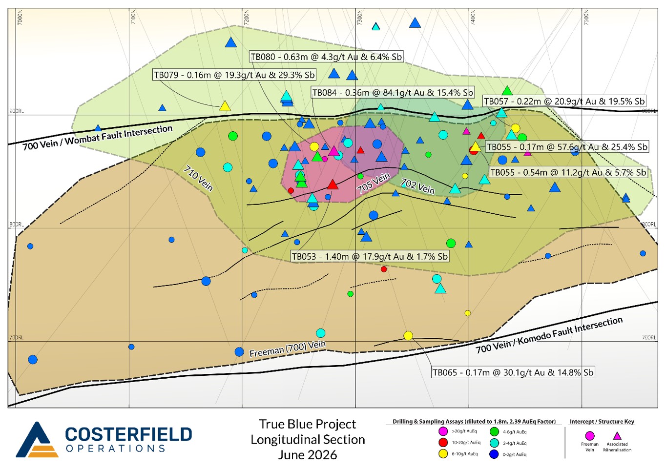 Long Section True Blue deposit with major vein target envelopes displayed, recent drill traces and labels for new intercepts of> 6g/t AuEq when diluted over 1.8m. Older significant drill intercepts are displayed as smaller, unlabelled icons. 