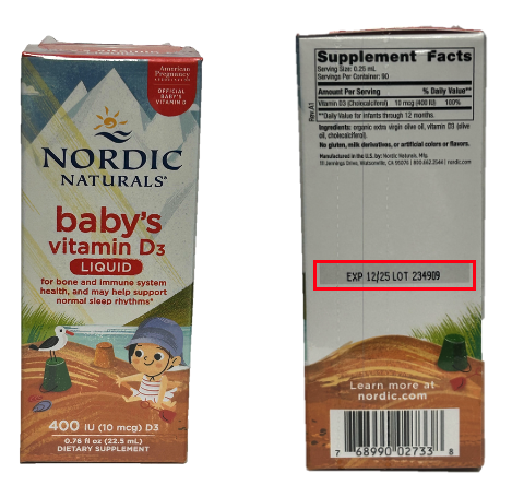 Consumers, distributors, and retailers in possession of the Nordic Naturals Baby’s Vitamin D3 Liquid recalled product should discontinue use immediately and return it to the place of purchase for a refund or replacement. The affected lot number is 234909, with an expiration date of December 2025, and can be found on the back of the box and on the bottle.