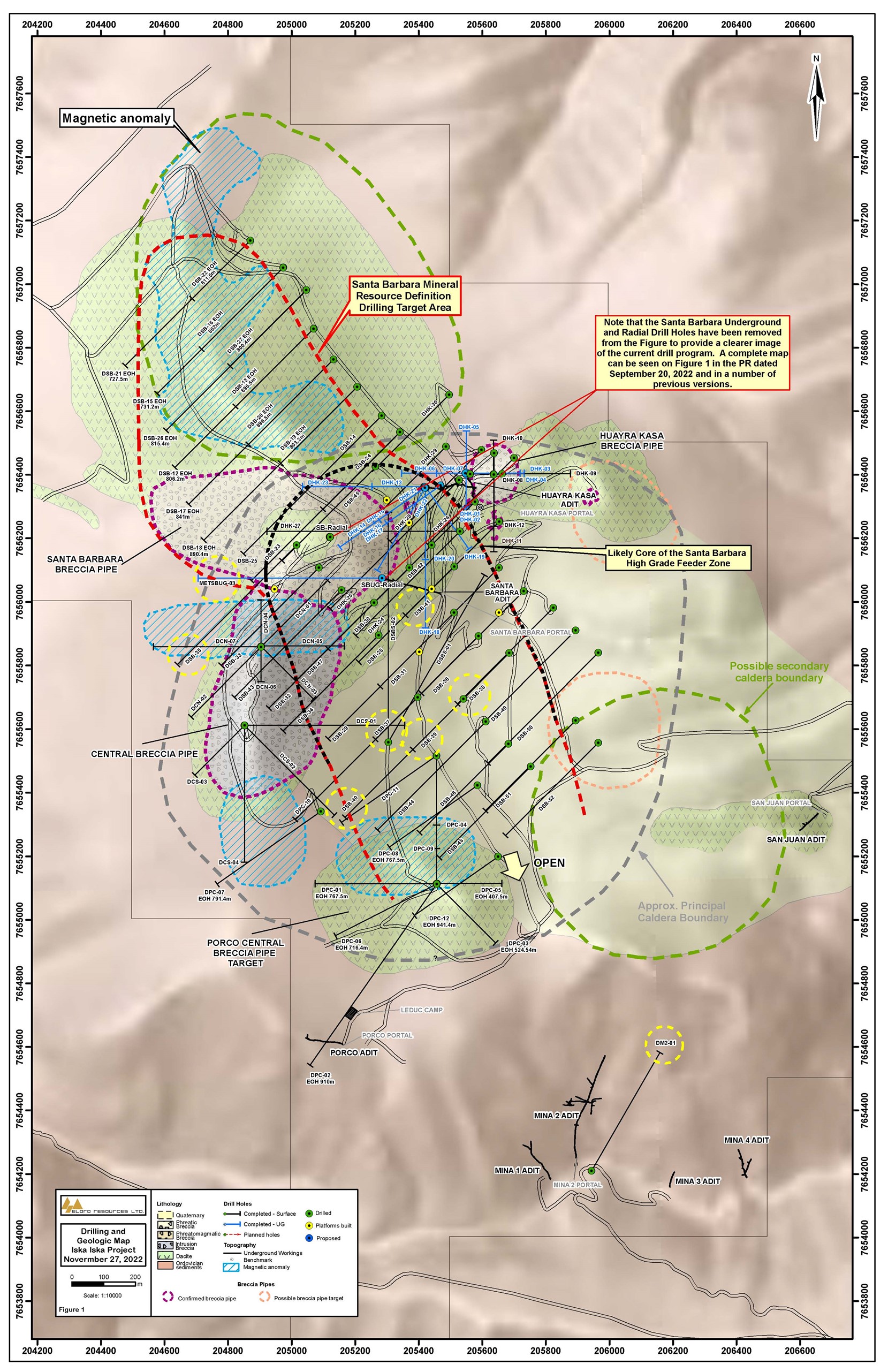 Geological Plan Map showing Drilling in Santa Barbara Area with Holes referred to in this release highlighted.