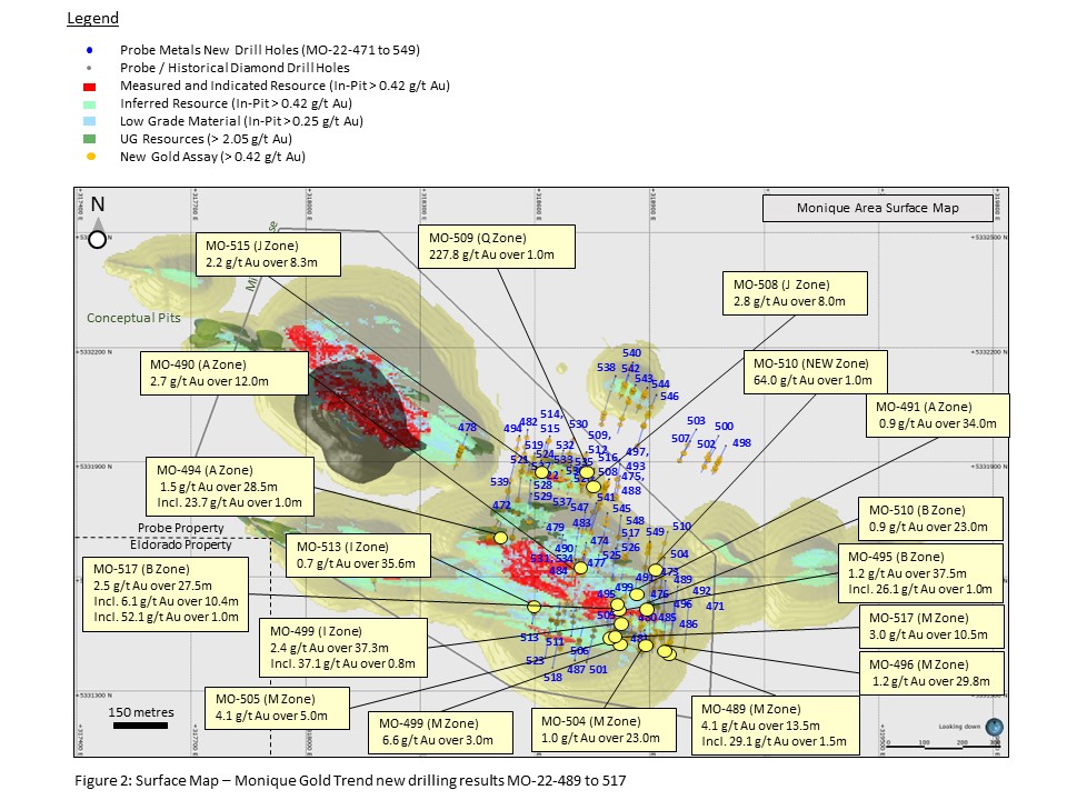 Plan de surface – Nouveaux résultats de forage le long du couloir aurifère Monique MO 22-489 to 517