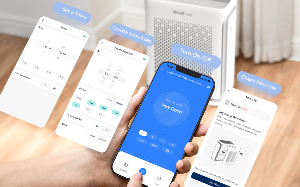 VeSync app on smartphone showing timer, schedules, onoff control and filter life monitoring