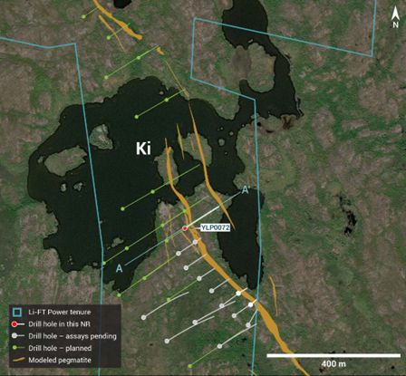 Plan view showing the surface expression of the Ki pegmatite with diamond drill holes reported in this press release.