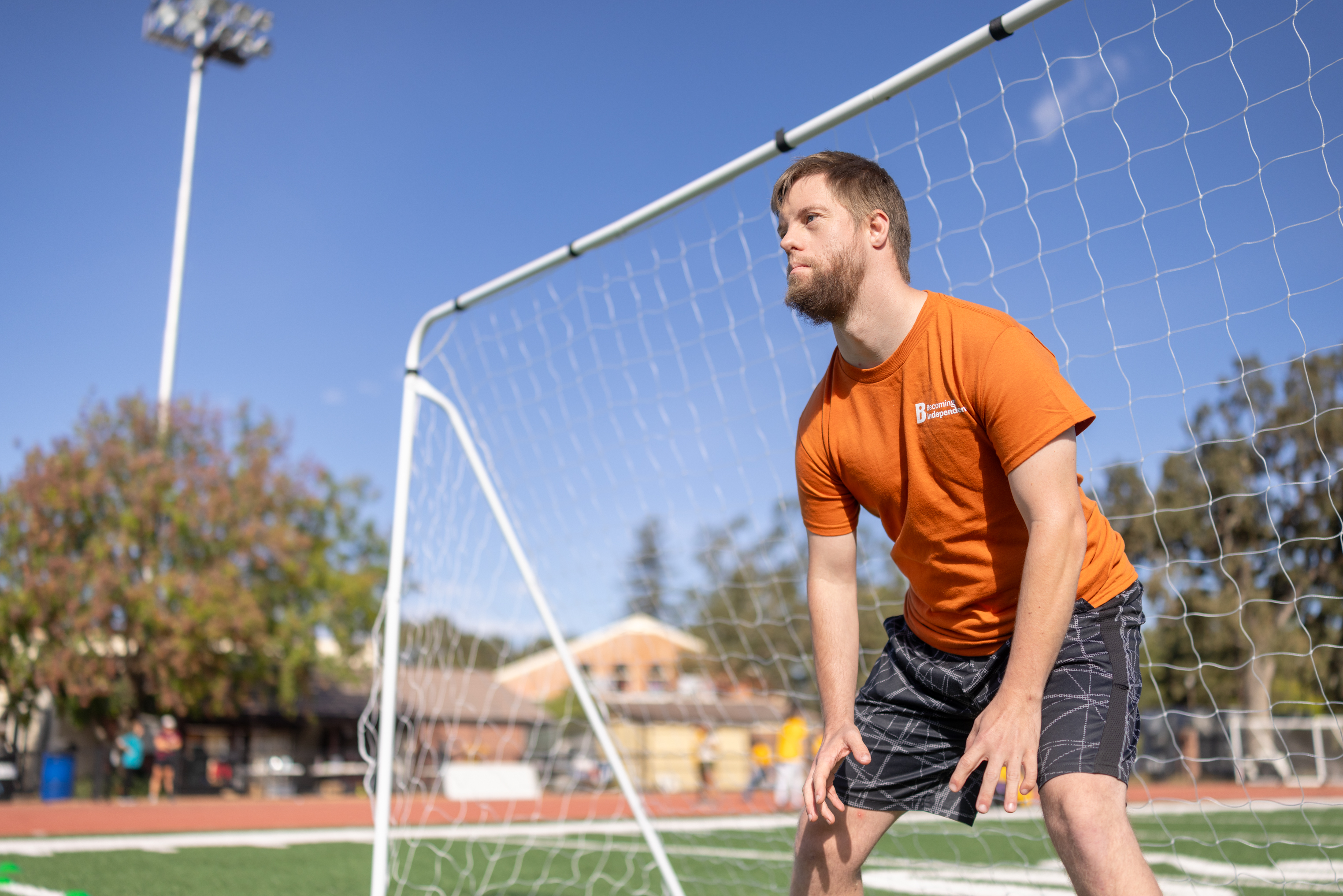 A BI athlete defends the goal at the BI Olympics. Soccer is one of five events alongside football, ladder ball, corn hole and sprint at the BI Olympics. Photo: Kelsey Floyd
