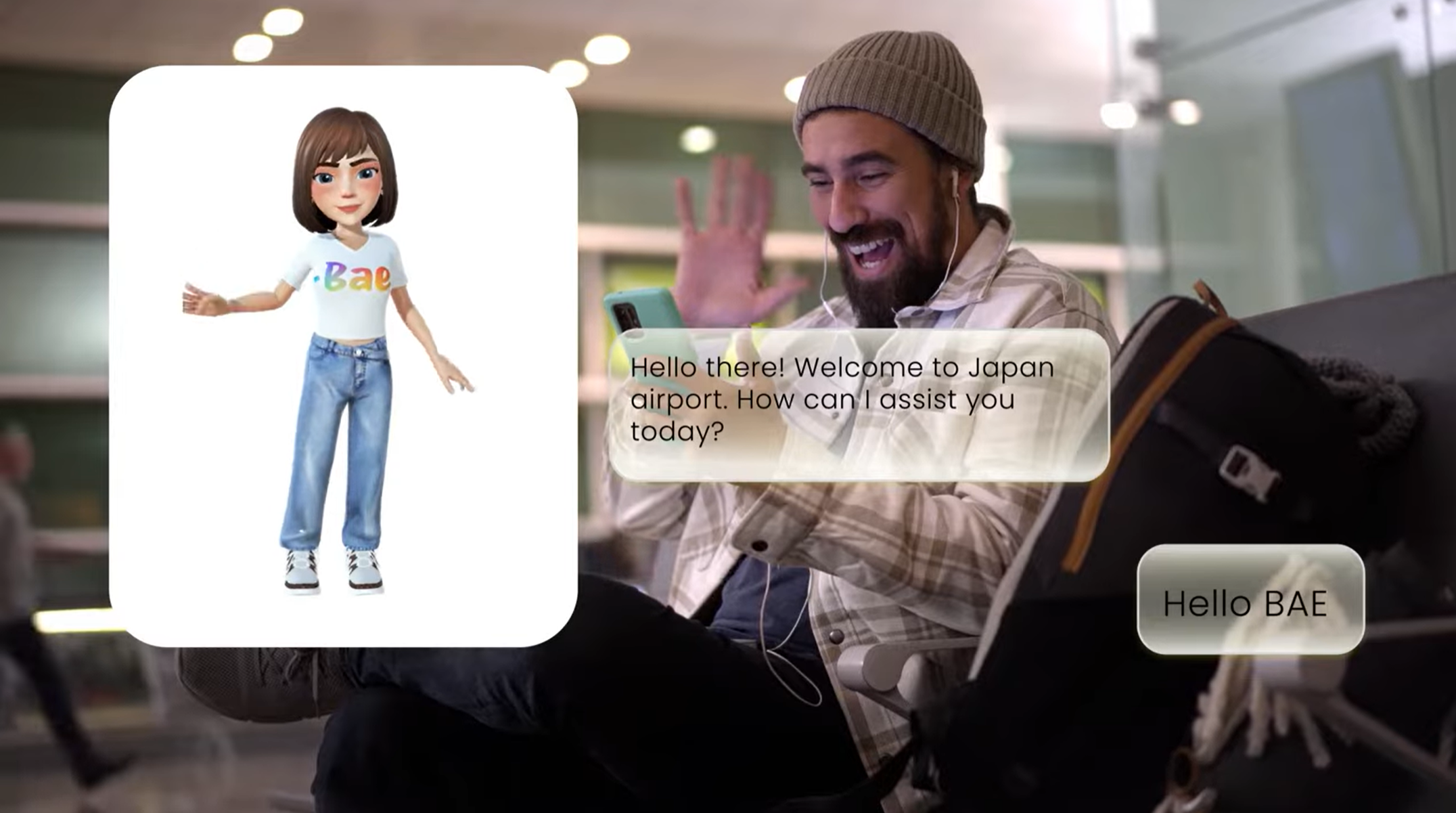 BAE, a friendly virtual assistant designed to welcome and assist passengers with their travel needs.