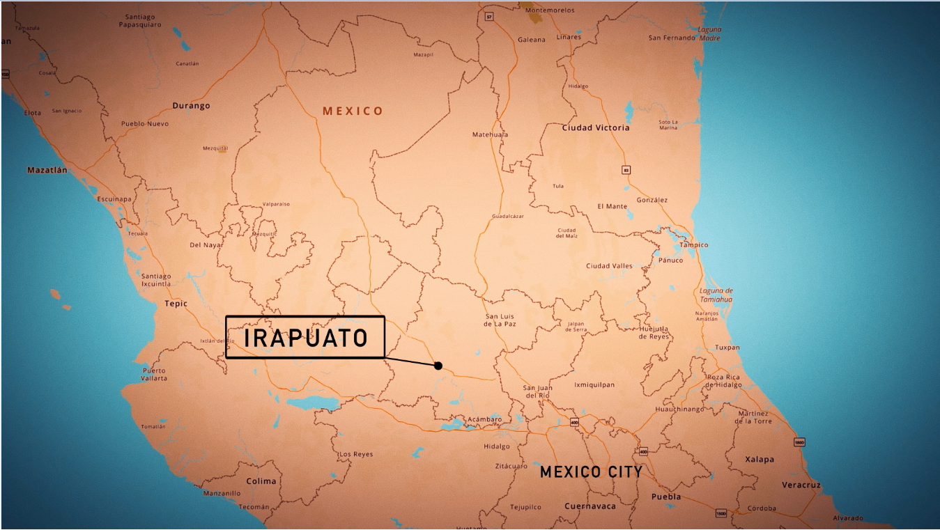 Irapuato, Mexico graphic from “Line in the Sand” documentary showing the location of where James boarded the freight train, this is also where illegal immigrants jump on to reach the border.