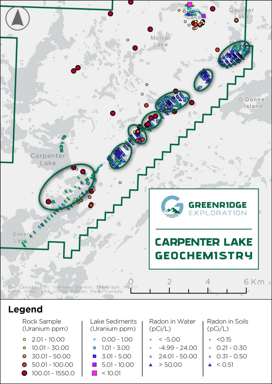 Figure 3: Carpenter Lake Property Geochemistry (Rock samples are primarily sourced from boulders)