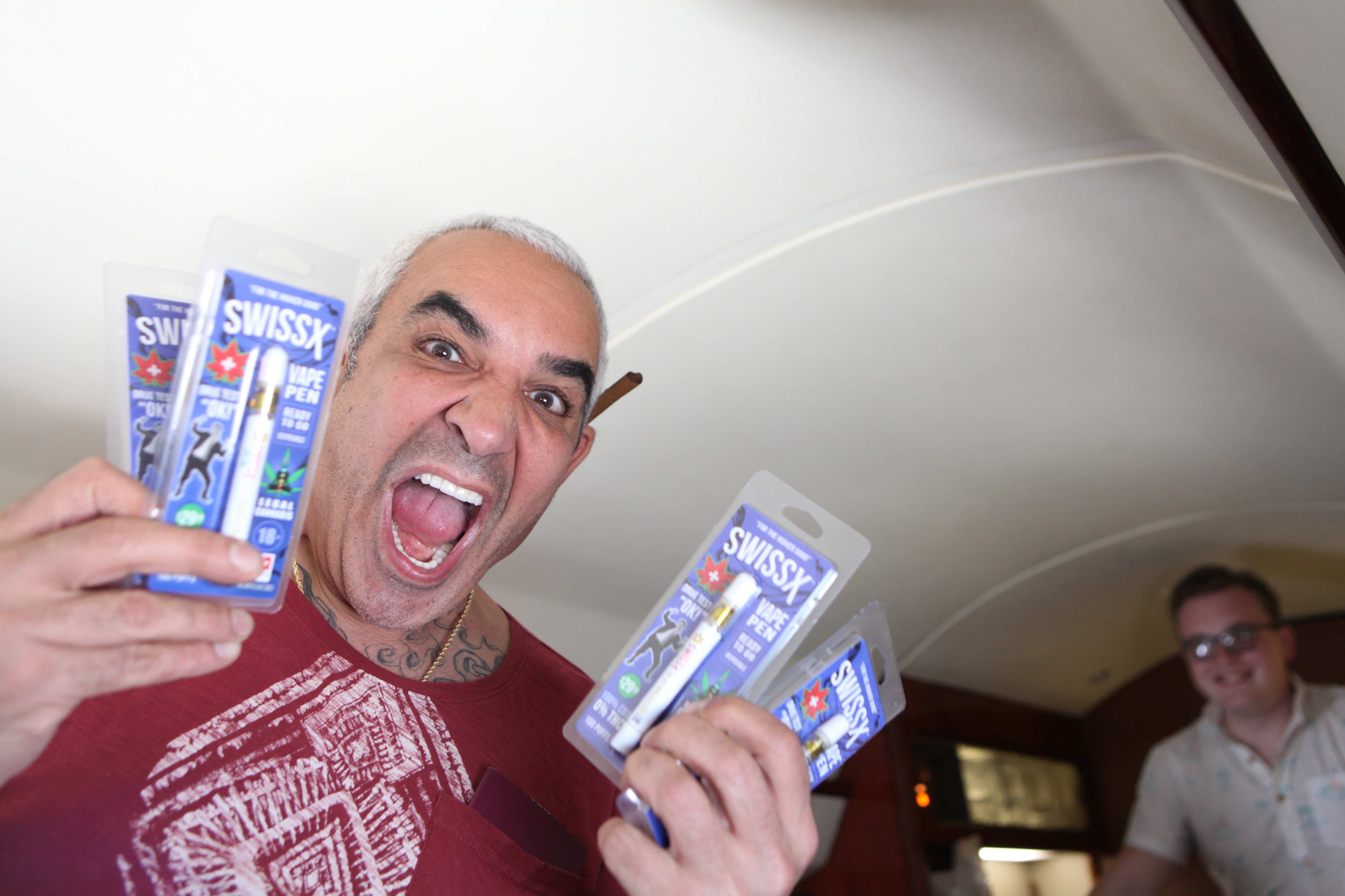 Alki David displays Swissx premium CBD products aboard the Swissx Express Jet, May 22, 2019. 