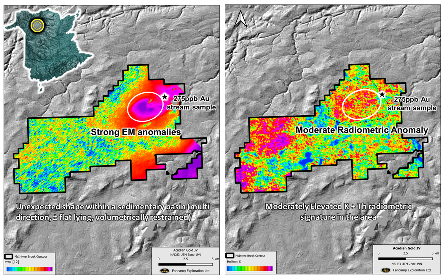 Acadian Gold McIntyre Brook Airborne Magnetometer and Radiometric with superimposed soil Geochemical and Stream Sediments anomalies.