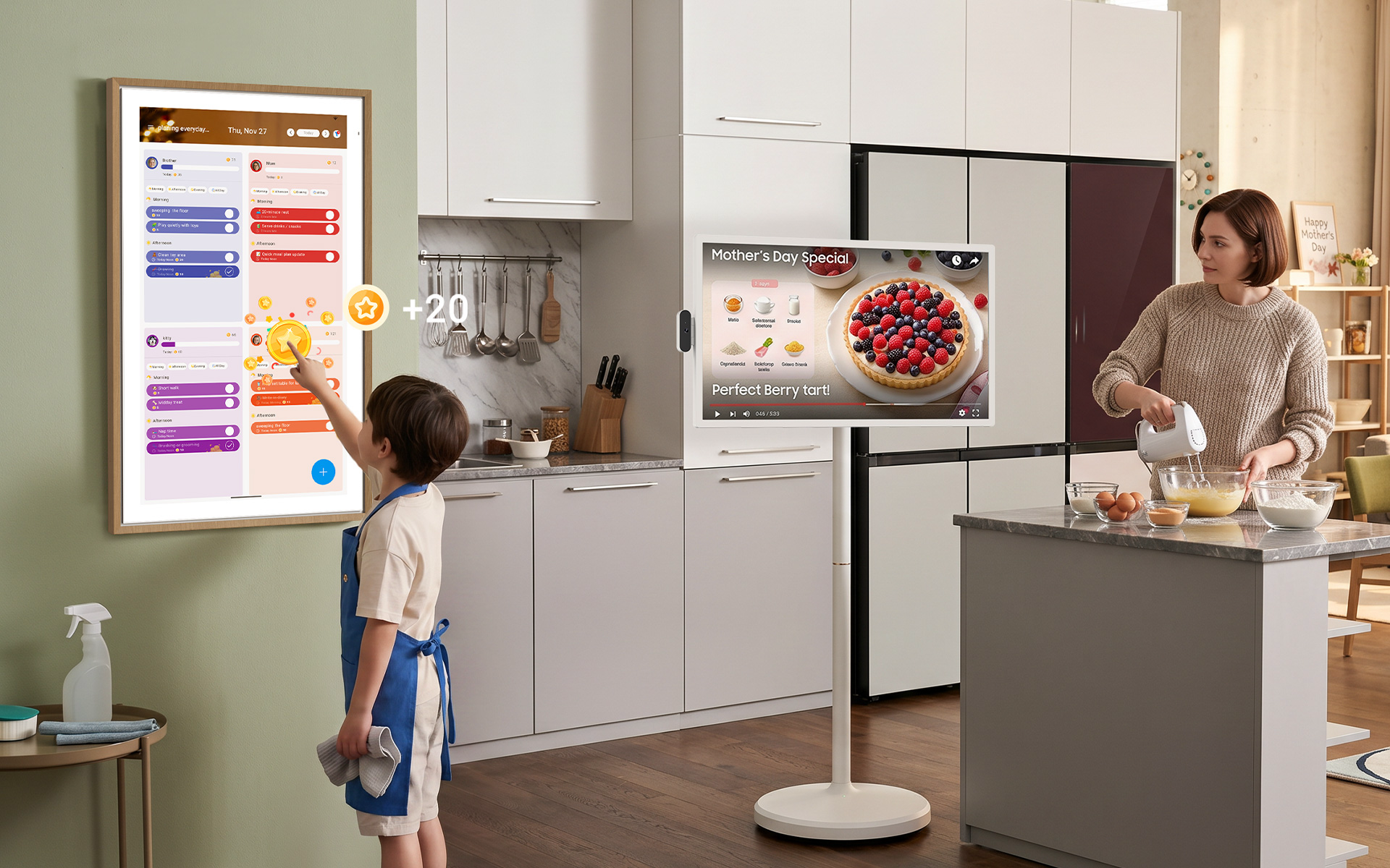 Apolosign Digital Calendar displayed in modern home with mother and child, showing wall-mounted schedule screen and smart display setup