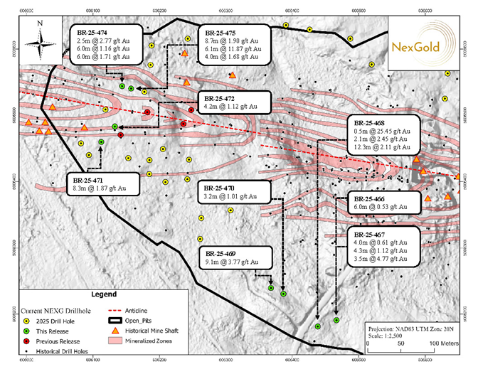A plan map showing the location of the nine diamond drill holes